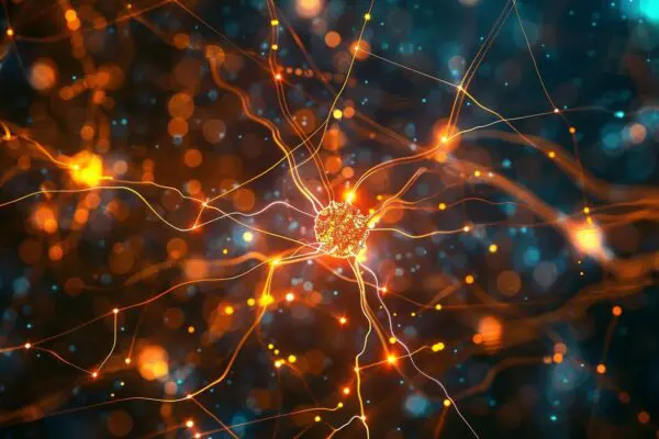 Abstract neural network in warm gold tones representing psilocybin neuroplasticity and rewiring your mind with psychedelics